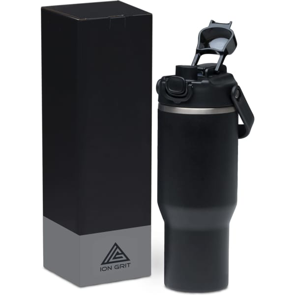 A drink bottle in black with a flip-top lid, displayed next to a black box with a logo.