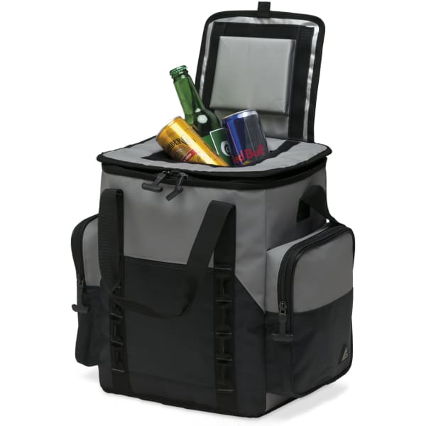 A grey and black cooler bag with drinks inside, featuring a zippered top and side pockets.