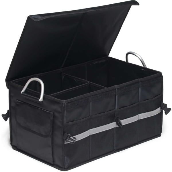 A black storage organiser with a divided interior, featuring multiple pockets and handles, designed for easy carrying.