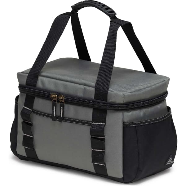 A hard cooler bag in shades of grey and black, featuring sturdy handles and zippers, with an attached strap.