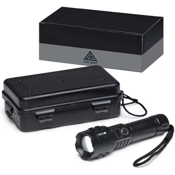 A black LuminaPro Torch next to a black storage case and box, featuring a sleek design.