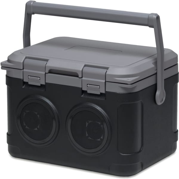 A black and grey sound box with a handle, featuring two speaker openings on the front. It has a sturdy design and branding.