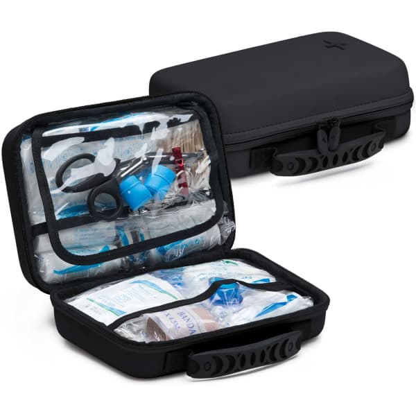 A black first aid kit with clear compartments filled with various medical supplies. Contains bandages, antiseptics, and tools.