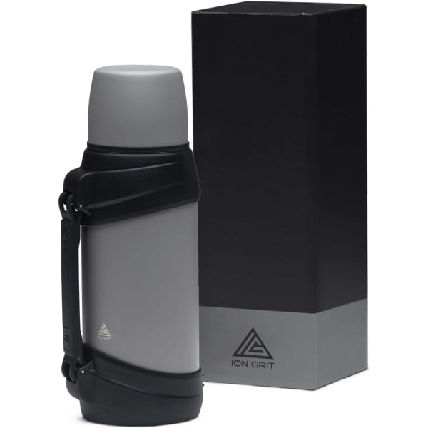 A drink bottle in grey with a black strap, packaged in a matching box, featuring a logo.
