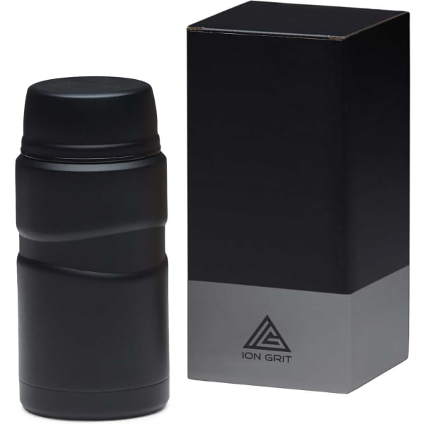 A black food jar with a sleek design, accompanied by a black box featuring branding.