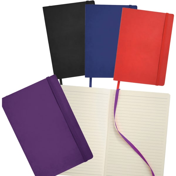 A collection of Pedova Soft Bound JournalBooks in black, navy, red, and purple, with a blank lined interior.