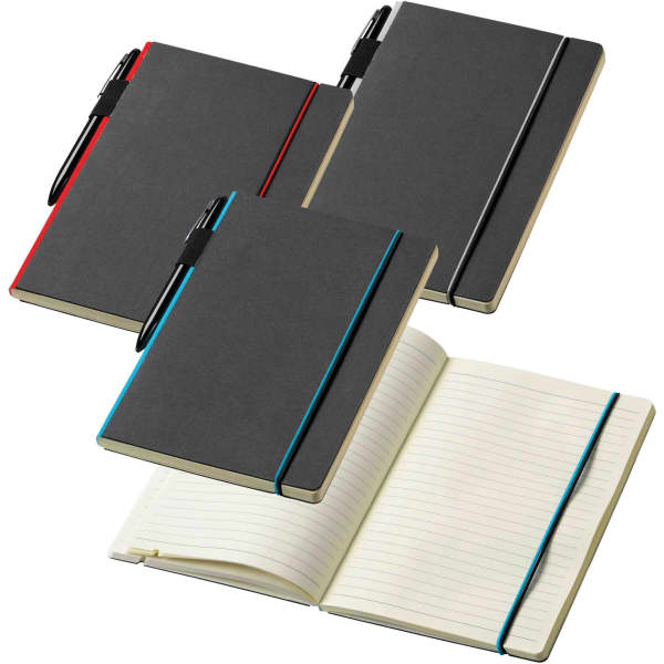 A collection of Cuppia Notebooks in black with red and turquoise accents, featuring lined pages and a pen.