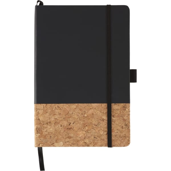A black hard-bound journal with a cork bottom and an elastic closure, featuring a logo.