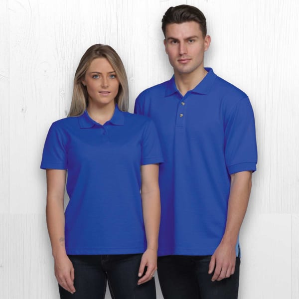 A blue Jacquard Ottoman Balmoral polo shirt for women, featuring a collar and logo, displayed on a model.