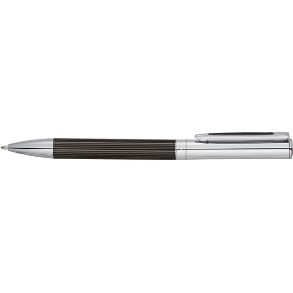 A black ballpoint pen with a metal chrome finish and ribbed design. Features a clip and branding.
