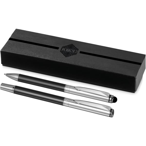 A black pen set featuring a ballpoint pen and stylus, presented in a sleek black box with a logo.