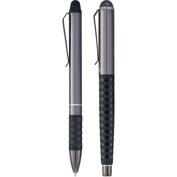 A Luxe Tactical Grip Pen Set featuring two metal pens in sleek black and grey tones, with a branding logo on the body.
