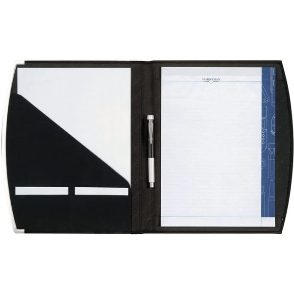 A black A4 metal plate portfolio with a pen, notepad, and a pocket for documents. Features white and blue accents.