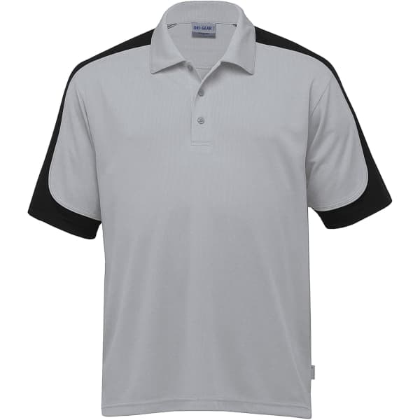 A grey polo shirt with black sleeves, featuring a collar and a logo on the front.