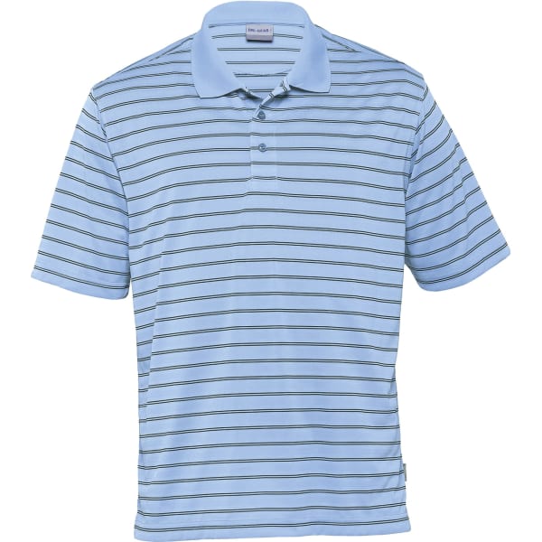 A light blue striped polo shirt for men, featuring a collar and a logo on the chest.