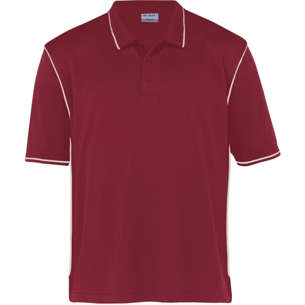 A maroon polo shirt with light contrasting stripes and a logo on the chest. Short sleeves and a collared design.
