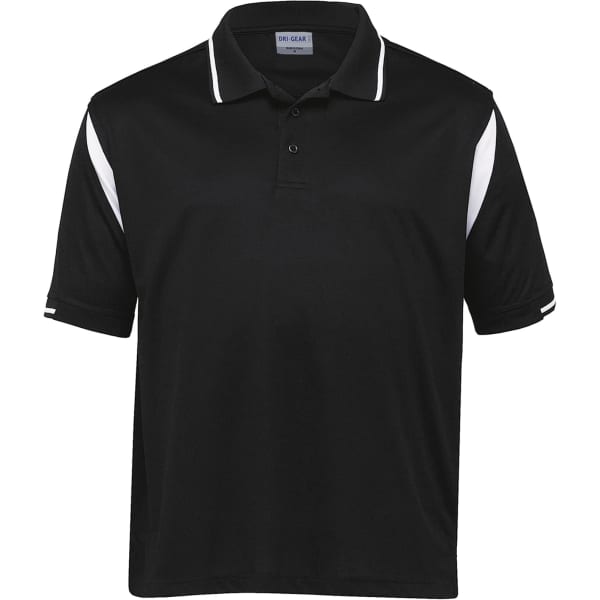 A black polo shirt featuring white accents and a logo on the chest. Short-sleeved design with a classic collar.