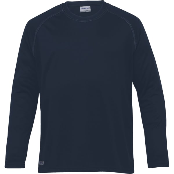 A long sleeve men's tee in navy blue, featuring a logo and a simple design.