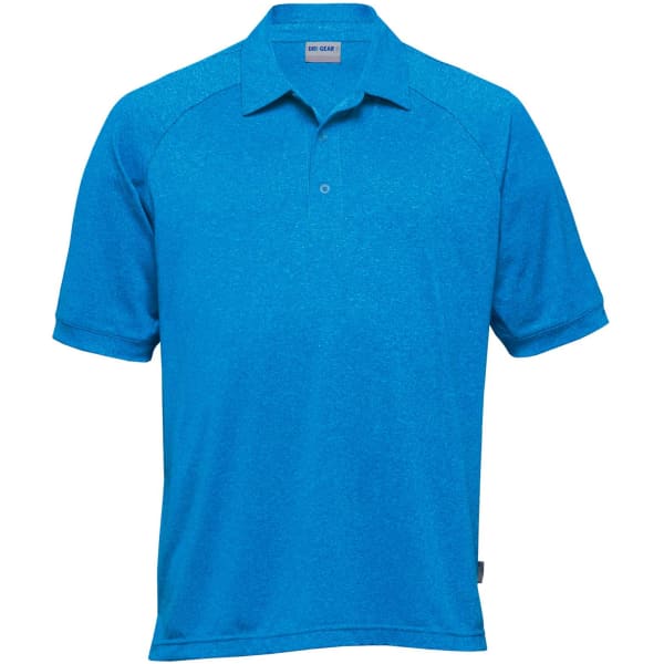 A blue melange polo shirt for men, featuring short sleeves and a logo on the chest.