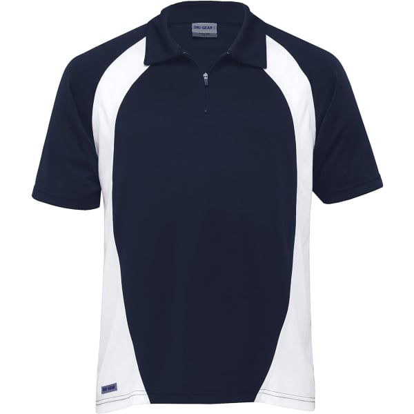 A navy blue and white polo shirt featuring a zip collar and a logo. Ideal for active wear.