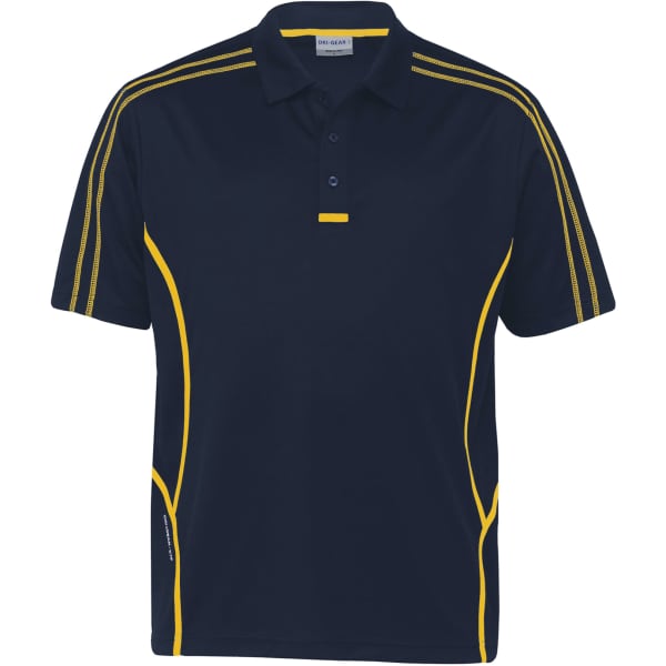 A navy polo shirt with yellow accents and stripes, featuring a collar and a logo on the side.