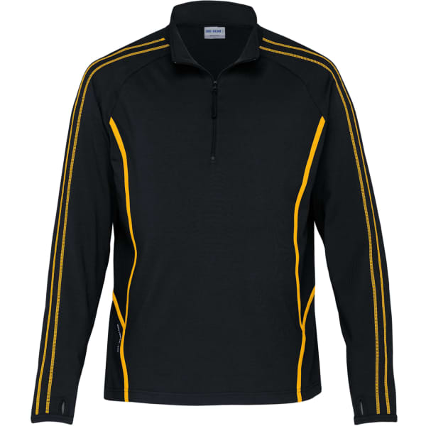 A black pullover jumper featuring yellow stripes and a quarter zip, with a logo on the chest.