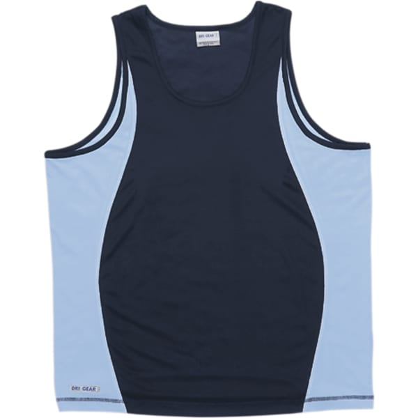 A black and light blue men's active singlet with a logo, featuring contrasting panels.