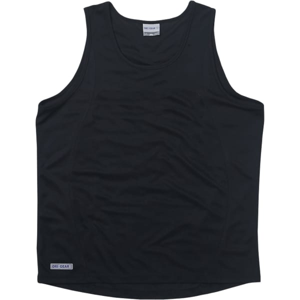 A black men's singlet with a smooth texture and a logo at the hem.
