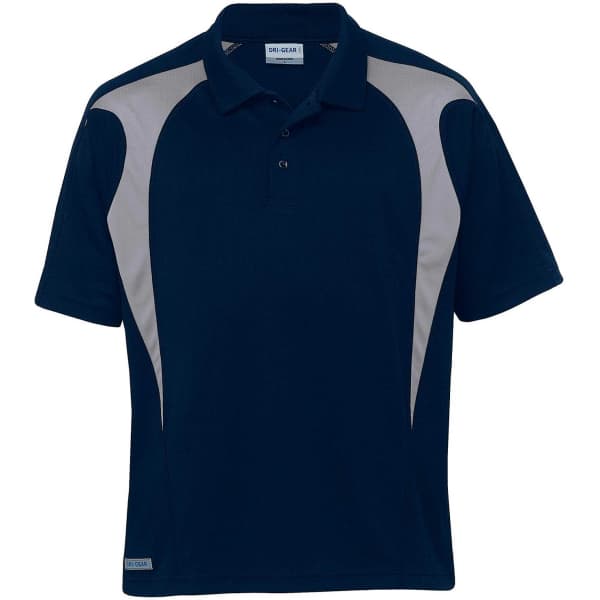 A navy blue polo shirt with grey spliced panels and a small logo on the side.