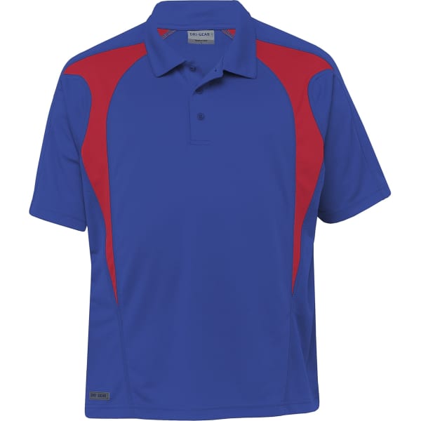 A blue polo shirt with red spliced details and a logo on the side. Short sleeves and a collared design.