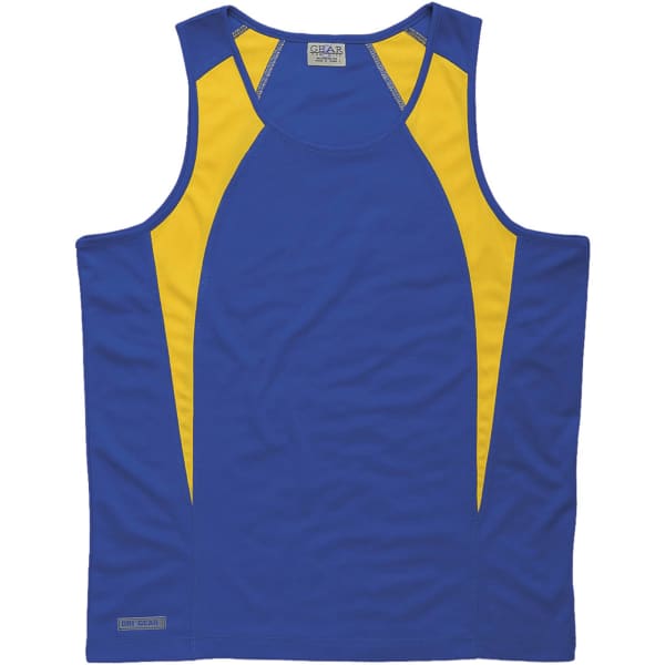 A blue and yellow singlet with a logo, featuring a spliced design and a sleeveless cut.