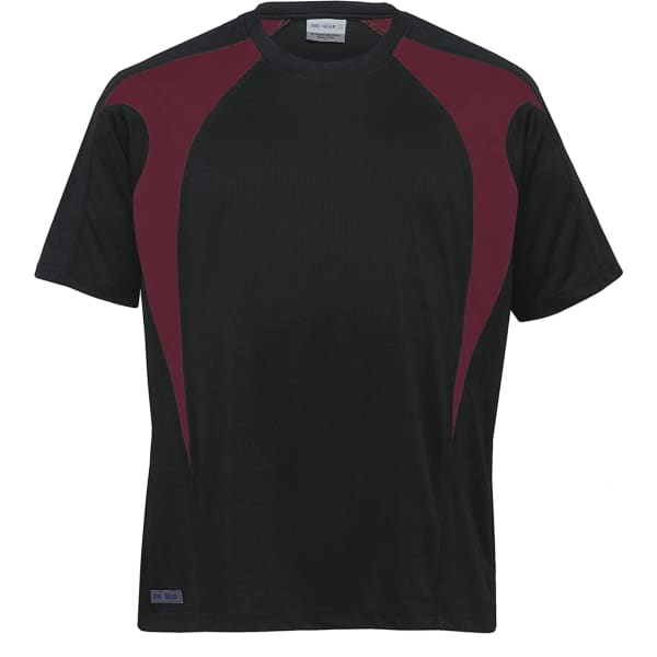 A black and maroon spliced t-shirt with a logo on the side. The shirt features a sporty design.