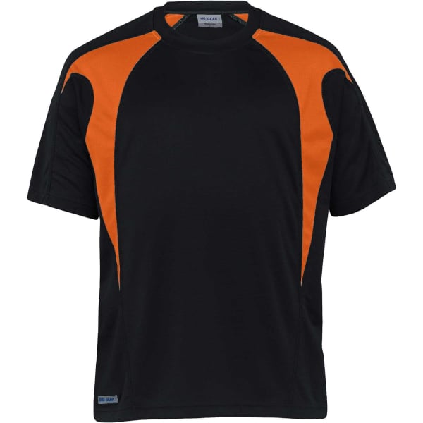 A black t-shirt with orange spliced accents and a logo on the front.