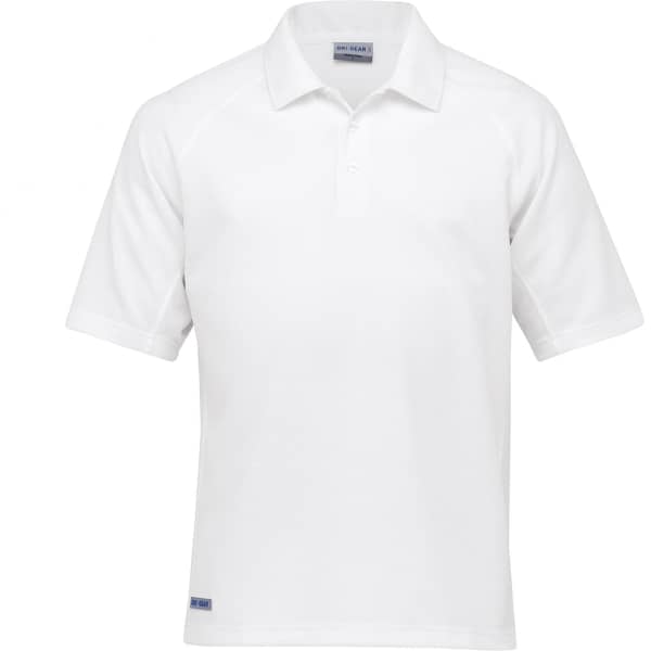 A white polo shirt with short sleeves, featuring a collar and a small logo on the hem.