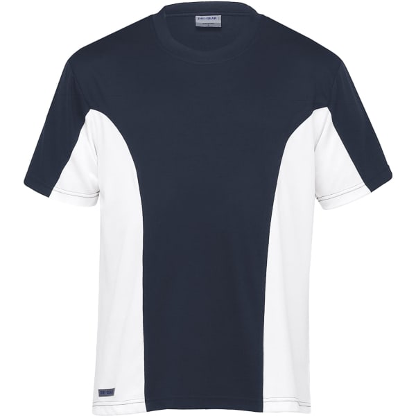 A navy and white men's short-sleeve t-shirt featuring a logo, designed for active wear.