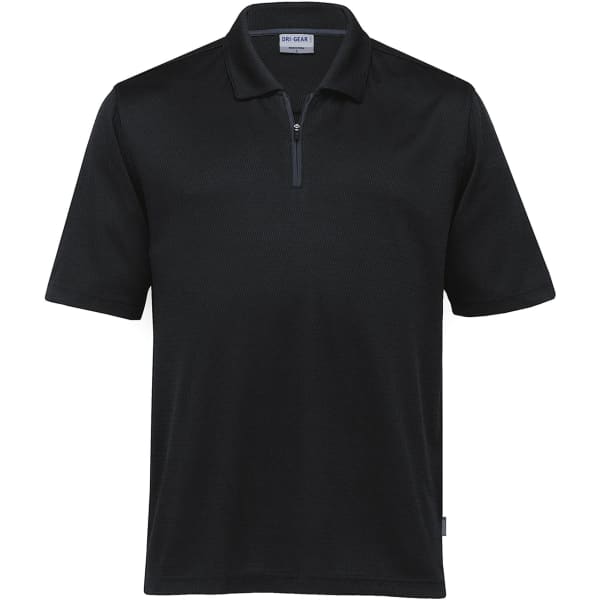 A black polo shirt with a zippered collar, featuring short sleeves and a small logo on the side.
