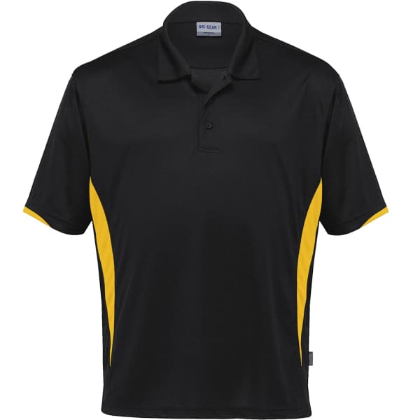A black polo shirt with yellow side panels and a collar. Includes a logo on the chest.