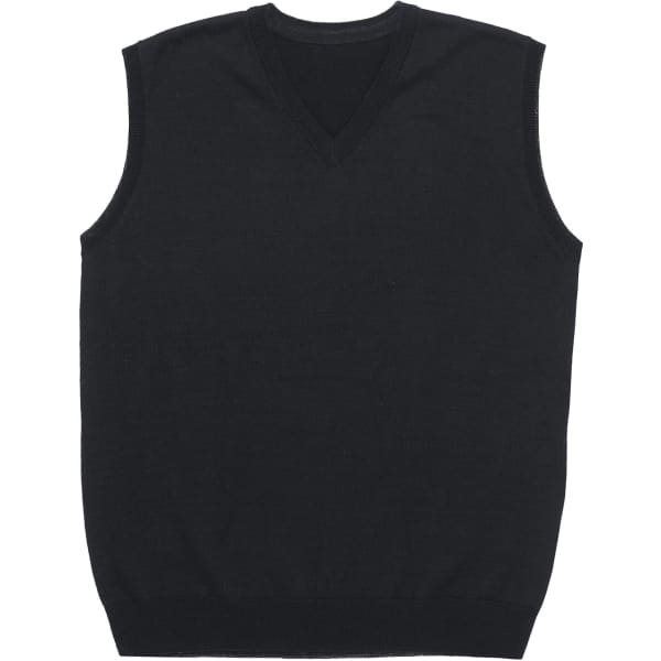 A black Merino fully fashioned vest with a V-neck design and no sleeves, featuring a fitted bottom hem.