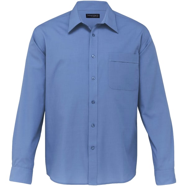 A blue button-up shirt with a pocket and a branded label on the collar.