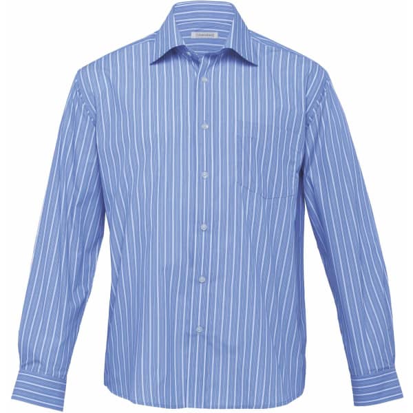 A blue and white striped button-up shirt for men, featuring a single chest pocket and a collar.