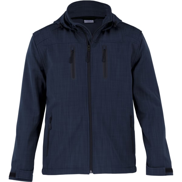 A navy blue soft shell jacket with a hood, featuring multiple zippered pockets and a logo.