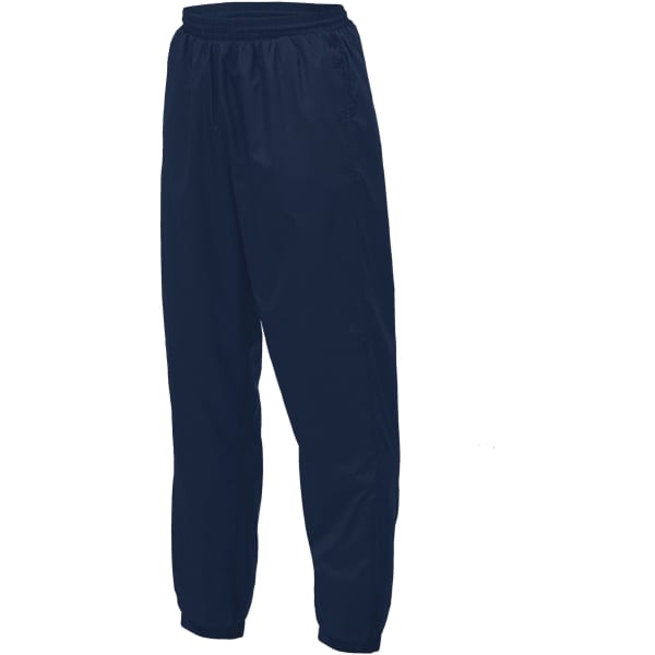 Navy nylon track pants with an elastic waistband and a logo on the side. Suitable for casual wear or exercise.