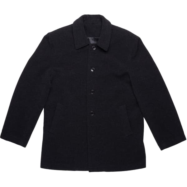 A black Melton wool jacket with a collared neck, front buttons, and two side pockets. Features branding on the inside.