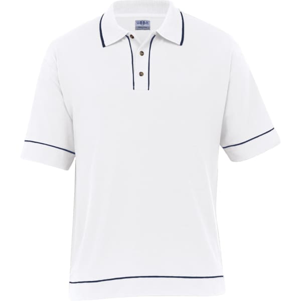 A white retro waffle polo shirt with navy blue trim and a three-button placket. It has a branded label.