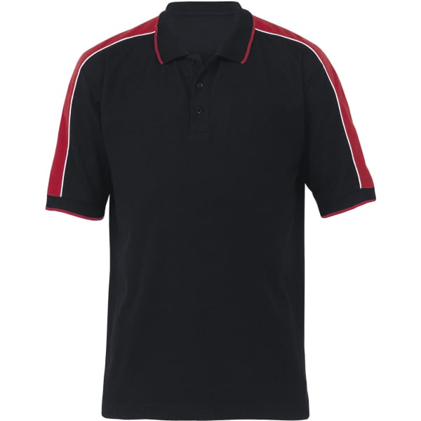 A black polo shirt featuring red shoulder stripes and a collar, with a logo on the front.