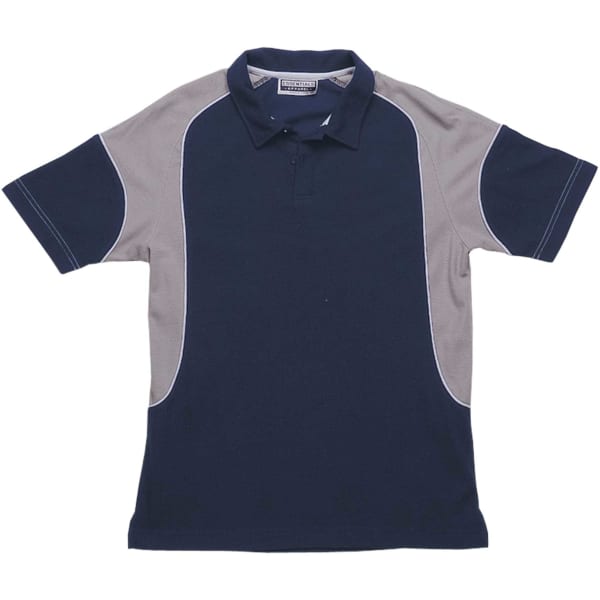 A navy and grey polo shirt featuring a logo, with a classic collar and short sleeves.