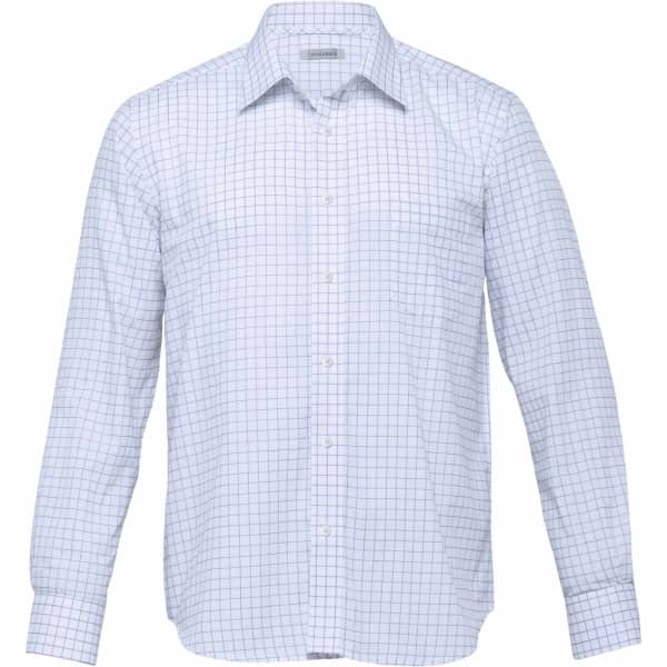 A men's check shirt featuring a light blue and white grid pattern, with a collared neck and long sleeves.