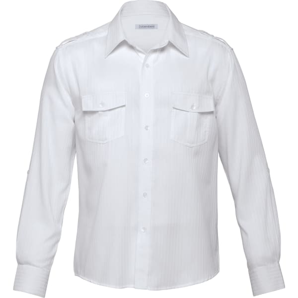 A white button-up shirt featuring long sleeves and two front pockets. It has a logo on the collar.
