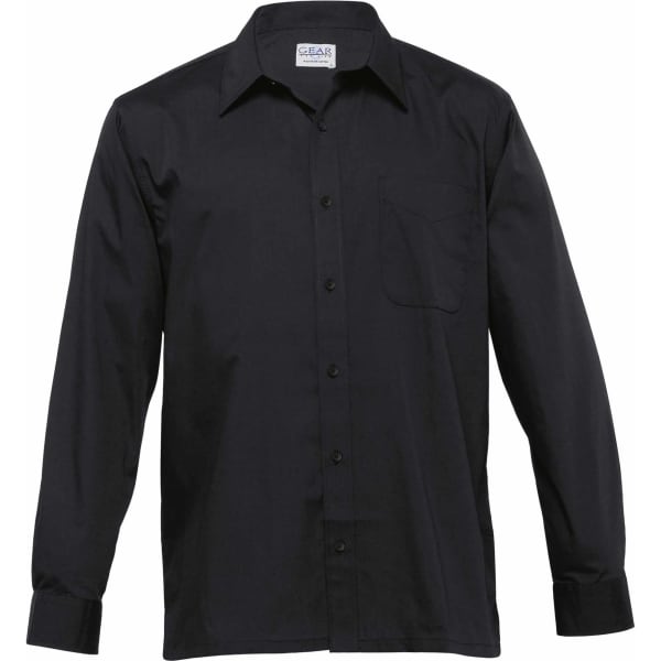 A black button-up shirt with long sleeves and a single chest pocket, featuring a logo on the label.