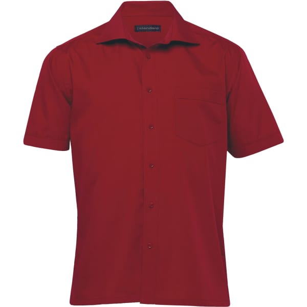 A red short-sleeved button-up shirt with a pocket and a logo on the label.